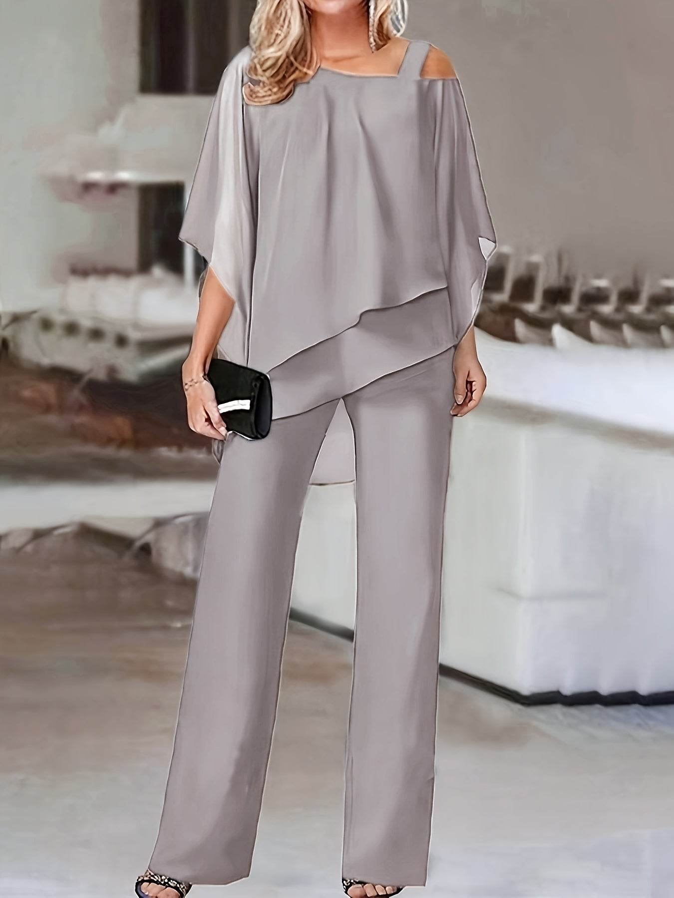 Elegant Off-Shoulder Asymmetrical Blouse & Pants Set - Purple Casual - Buy Center