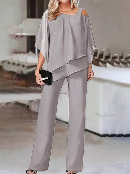 Elegant Off-Shoulder Asymmetrical Blouse & Pants Set - Purple Casual - Buy Center