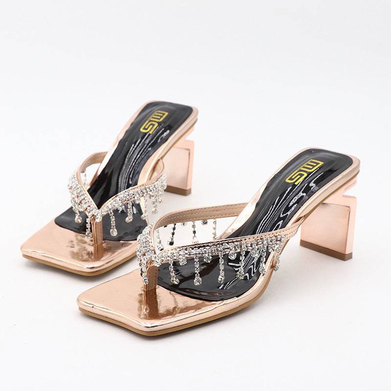 Trendy Square Toe Chunky Heel Sandals for Women - Rhinestone Accents - Buy Center