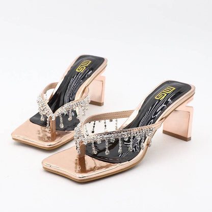 Trendy Square Toe Chunky Heel Sandals for Women - Rhinestone Accents - Buy Center