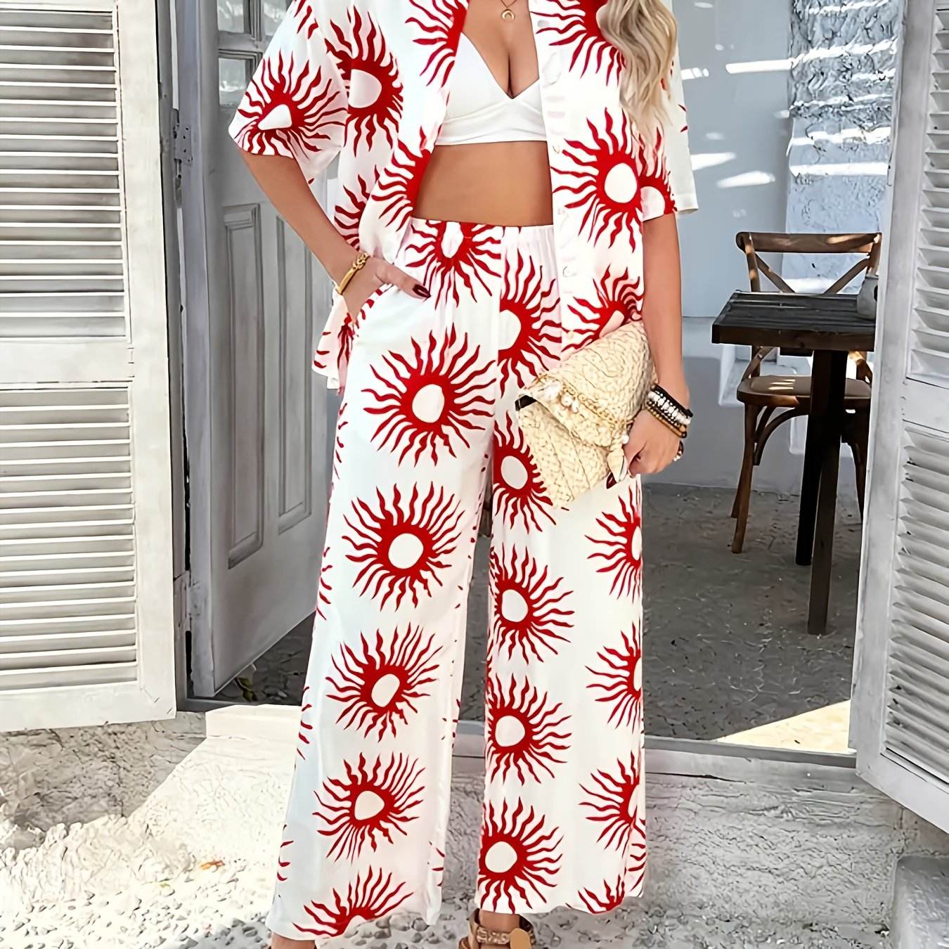 Summer Bohemian Color-Block Shirt & Wide-Leg Pants Set - Elegant Style - Buy Center