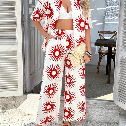 Summer Bohemian Color-Block Shirt & Wide-Leg Pants Set - Elegant Style - Buy Center