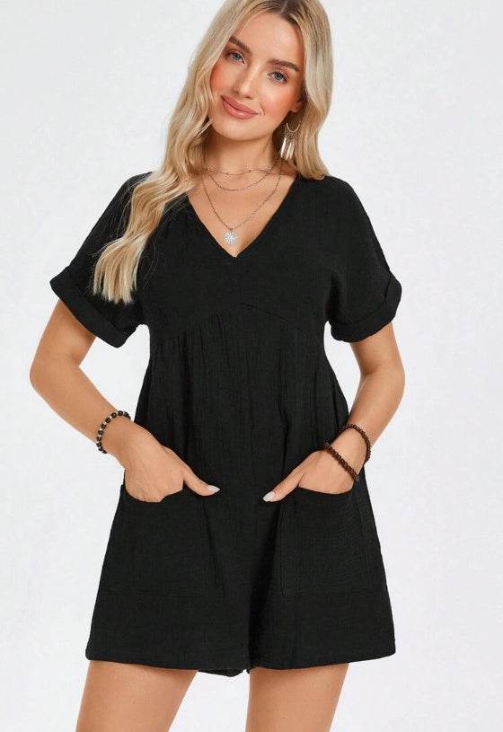 Buycenter Batwing Sleeve Pocket Romper - Casual High Waist Jumpsuit - Buy Center