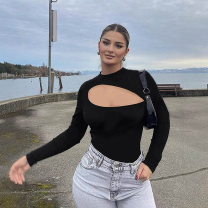 Slim-Fit Long Sleeve Hollow T-Shirt - Red, Black & Apricot Colors - Buy Center