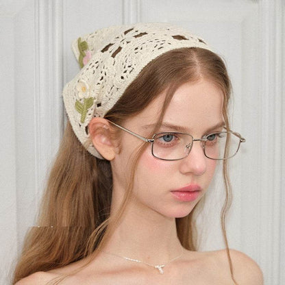 Retro French Triangular Binder Headscarf - Knitted Floral Charm Accessory - Buy Center
