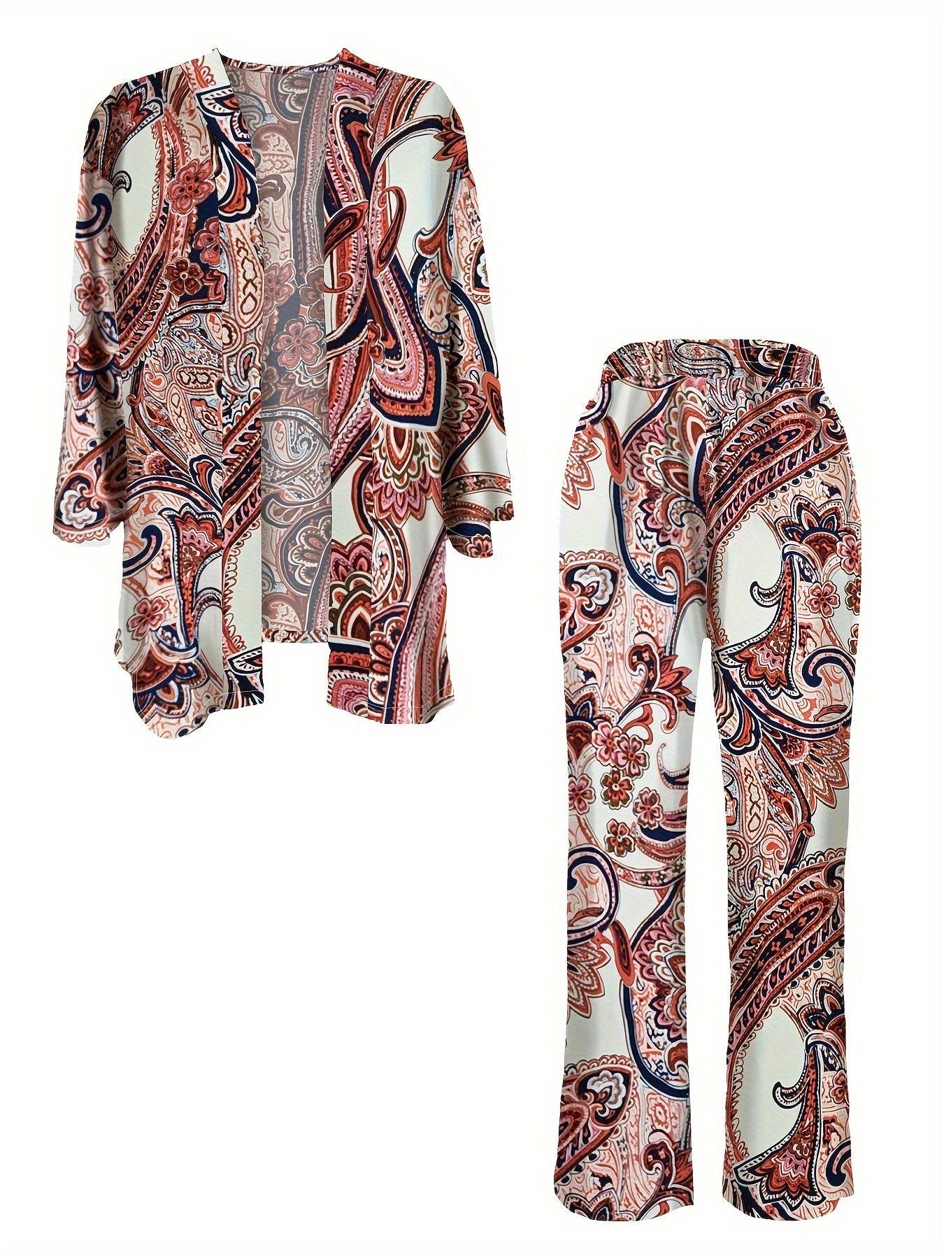 Boho Paisley Print Pants Set - Long Sleeve Blouse & Straight Leg Outfits - Buy Center