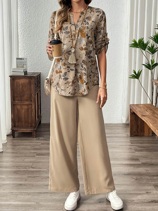 Elegant Women's Floral V-Neck Top and Solid Color Pants Set - Buy Center