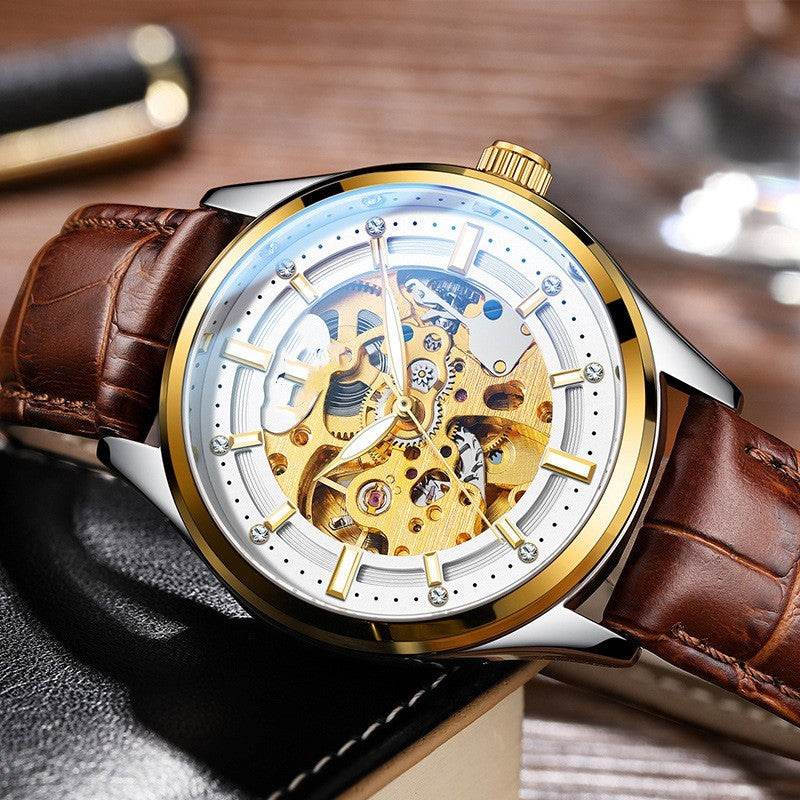 Buy Center Men's Mechanical Watch - Elegant Gold Shell & Leather Strap - Buy Center
