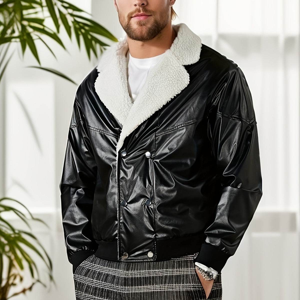 Men's Black PU Leather Coat - Thickened Fleece-Lined for Ultimate Warmth - Buy Center
