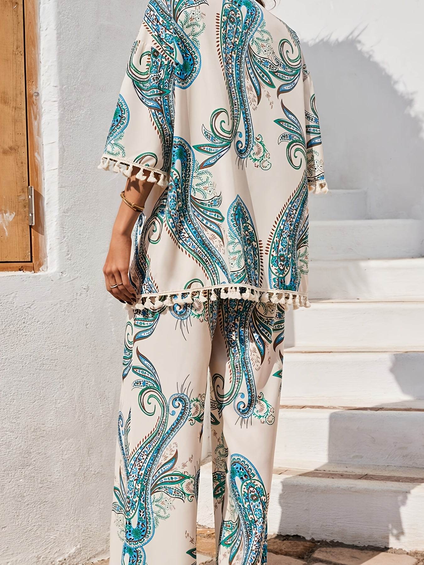 YY0208118 Women's Peacock Print Kimono & Loose Pants Set - Elegant Style - Buy Center