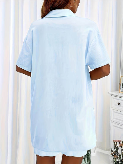 Women's Solid Color Two-Piece Set - Fashionable Pocket Shirt & Shorts - Buy Center