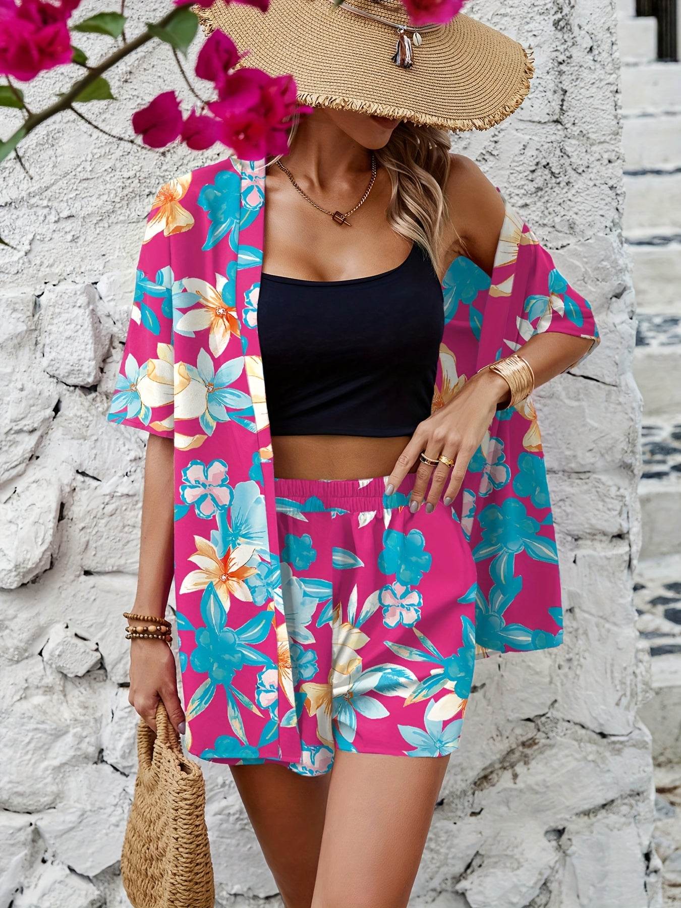 Women's Bohemian Beach Outfit - Floral 2pcs Shorts and Top Set - Buy Center