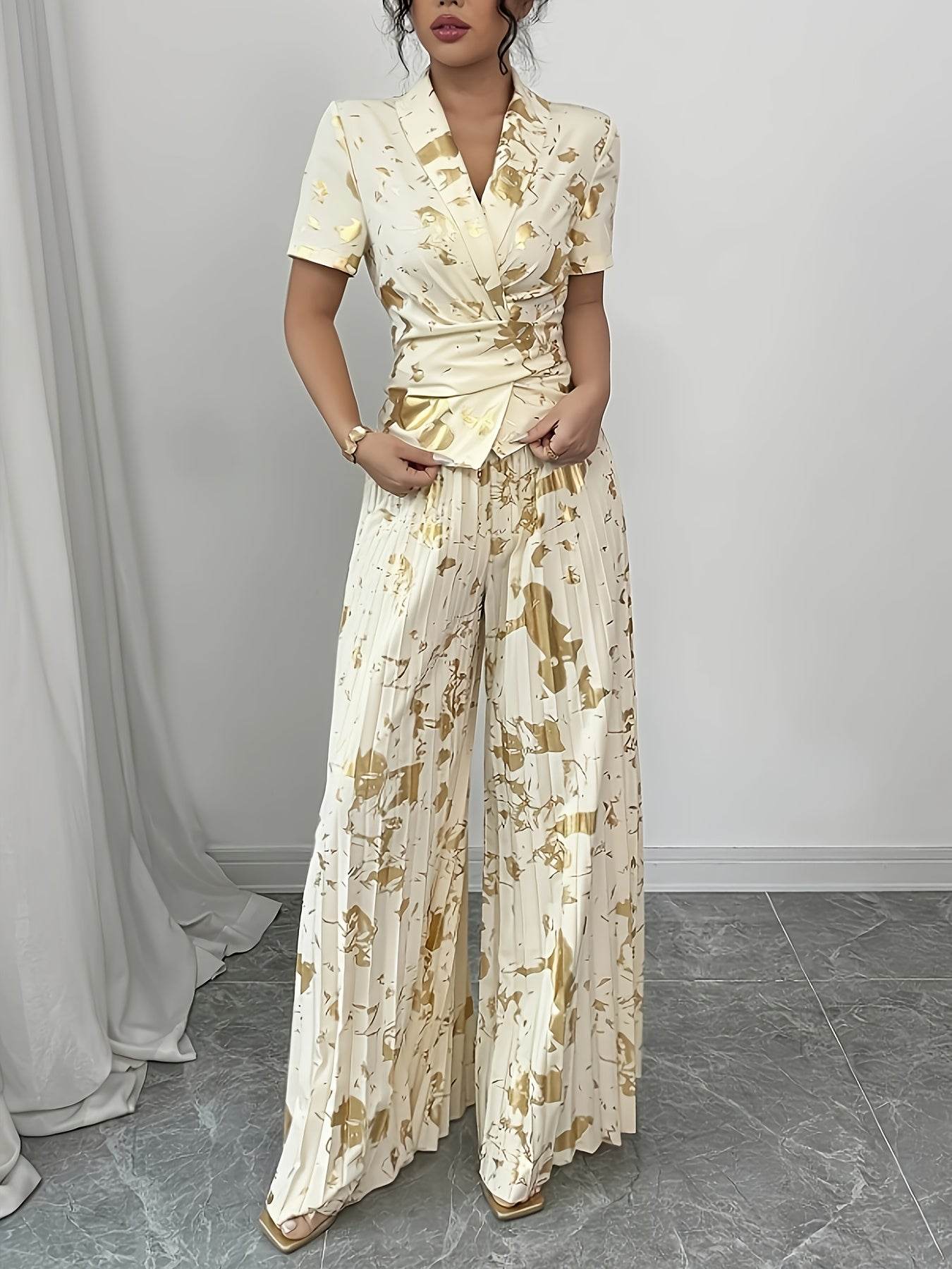 Elegant Golden-Print Two-Piece Set - Chic V-Neck Ruffle Blouse - Buy Center