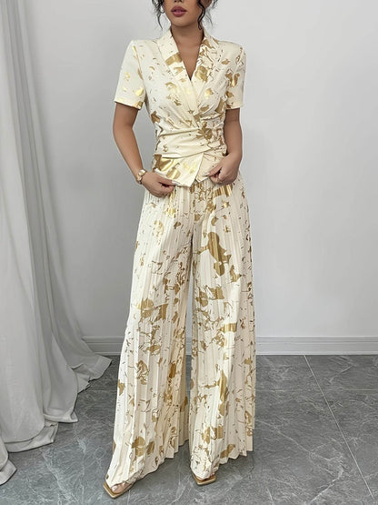 Elegant Golden-Print Two-Piece Set - Chic V-Neck Ruffle Blouse - Buy Center