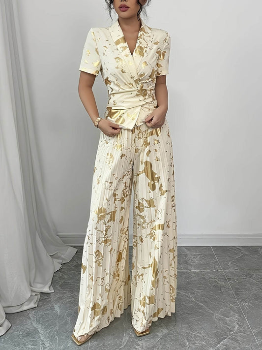 Elegant Golden-Print Two-Piece Set - Chic V-Neck Ruffle Blouse - Buy Center