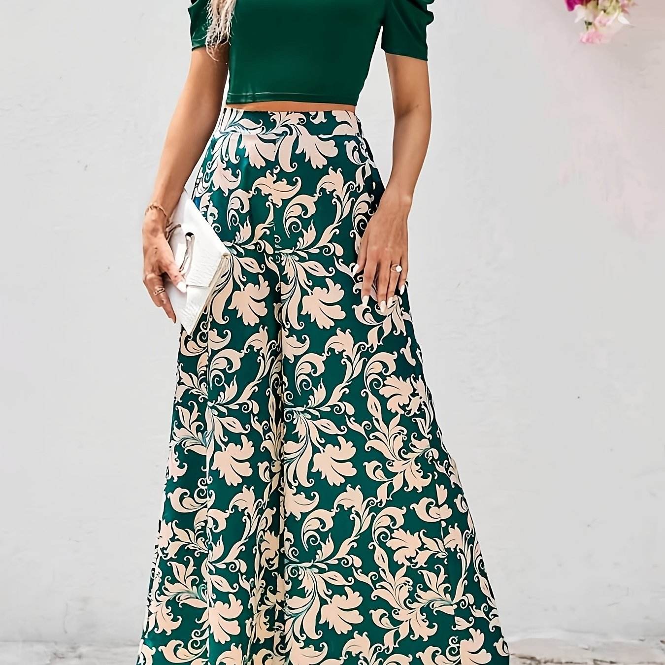 Women's Short Sleeve Top & Floral Pants Set - Elegant Spring Style - Buy Center