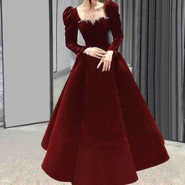 Buycenter Wine Red Long-Sleeved Evening Dress for Women - Elegant Style - Buy Center