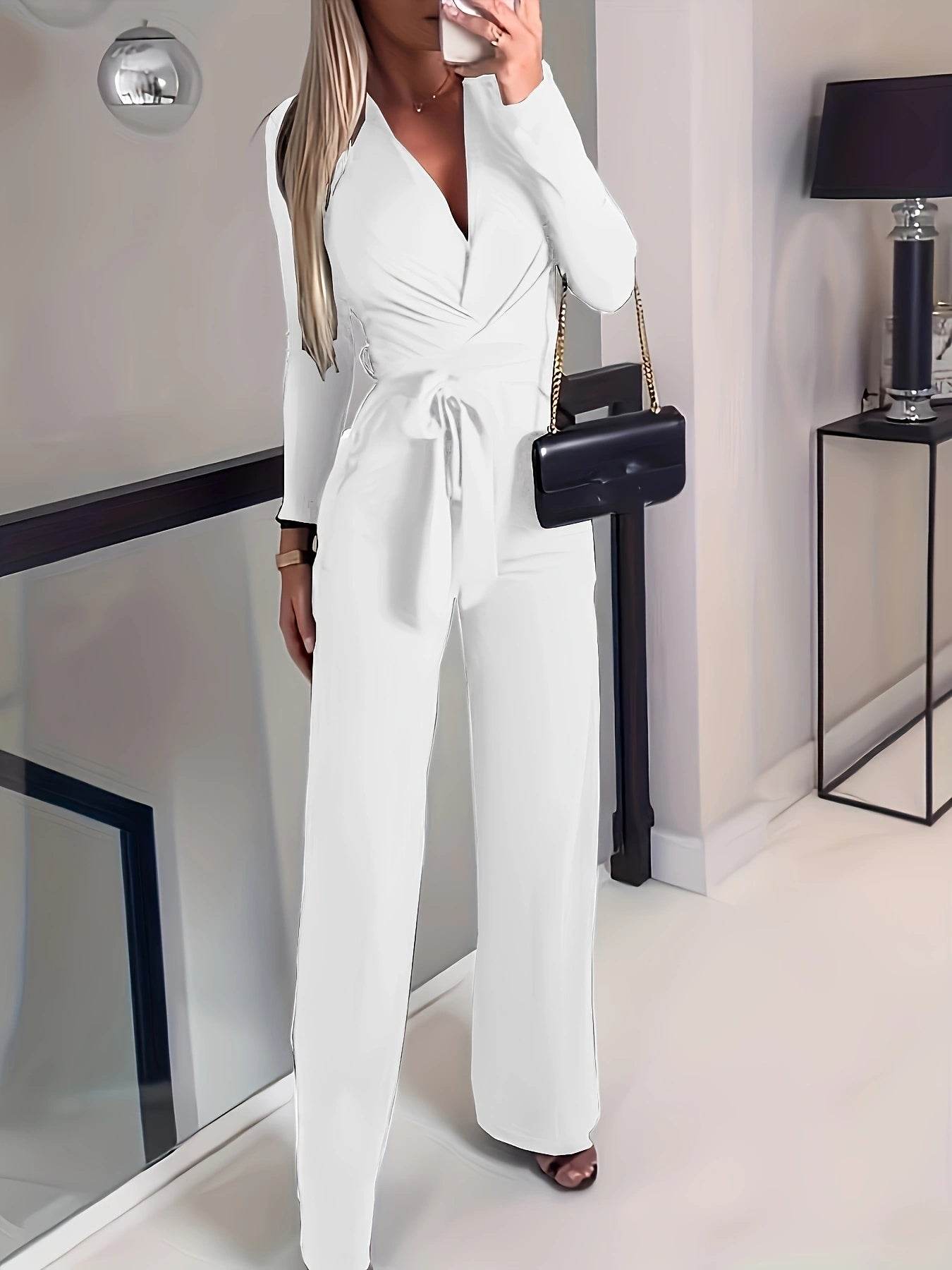 Women's Long Sleeve V-Neck Jumpsuit - Slimming Bow Tie Design 2025 - Buy Center