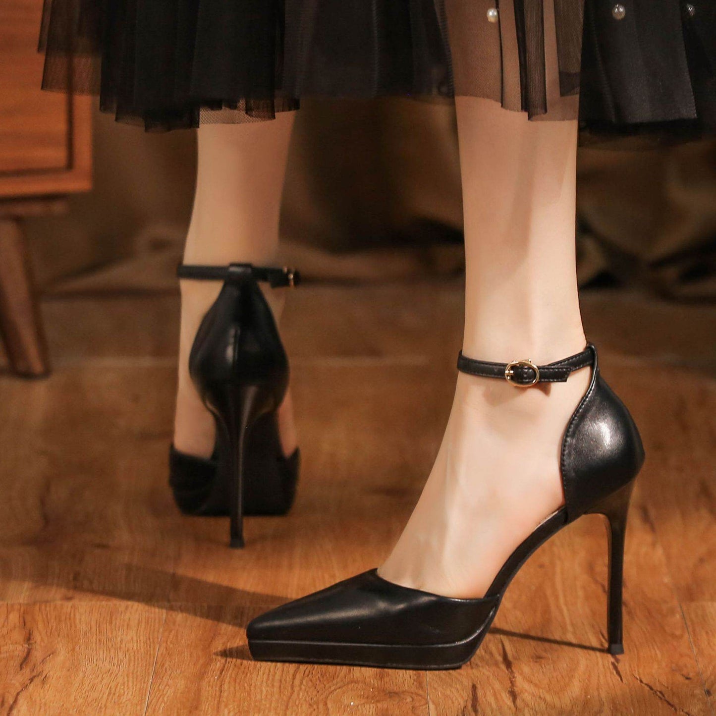 Stylish Leather Ankle Strap Stilettos - 10.5cm High Heels for Fashionistas - Buy Center