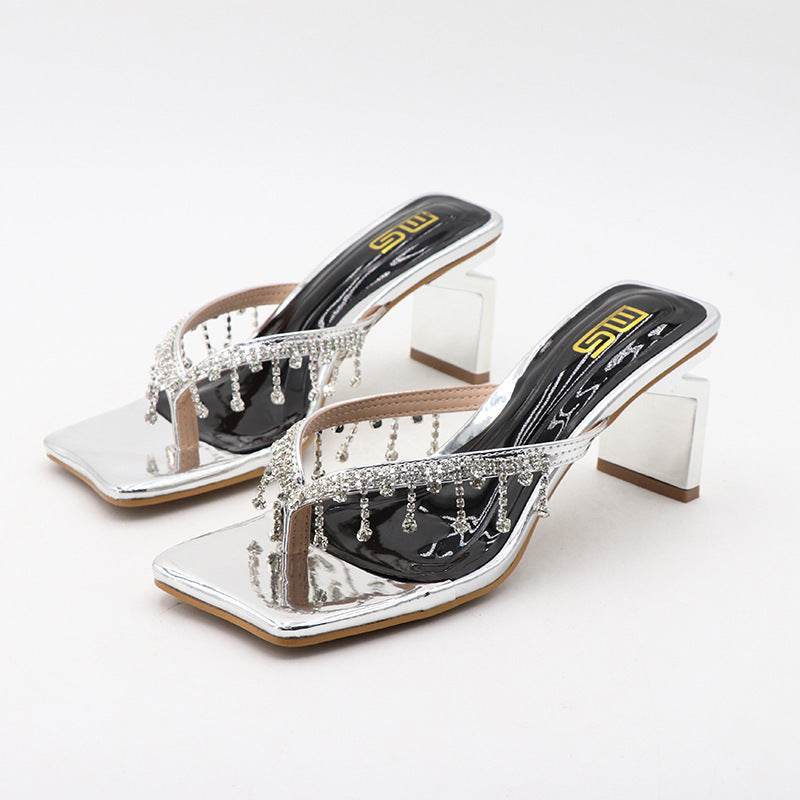 Trendy Square Toe Chunky Heel Sandals for Women - Rhinestone Accents - Buy Center