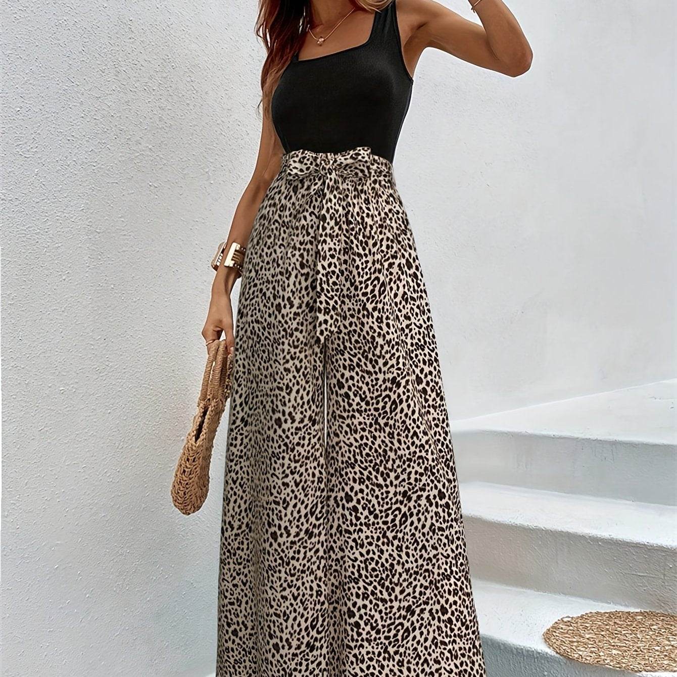 Stylish Square Neck Tank Top & Leopard Print Pants Set - Lightweight - Buy Center