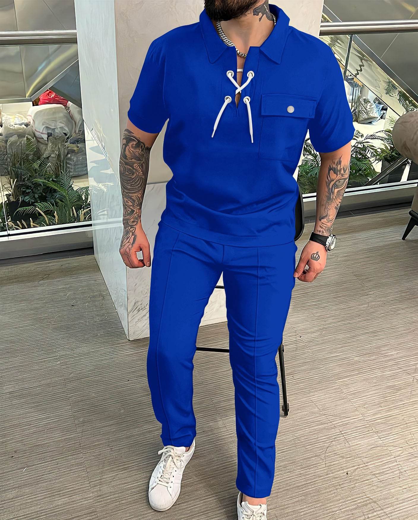 Buycenter Men's Casual Geometric T-shirt and Trousers Set - Short Sleeve - Buy Center