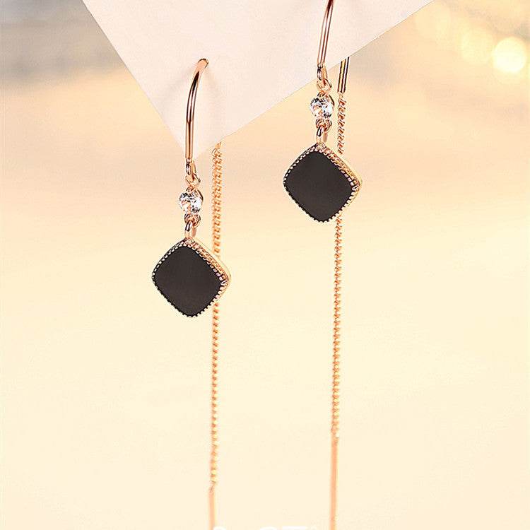 Buycenter Sterling Silver Black Square Tassel Earrings for Women - Buy Center