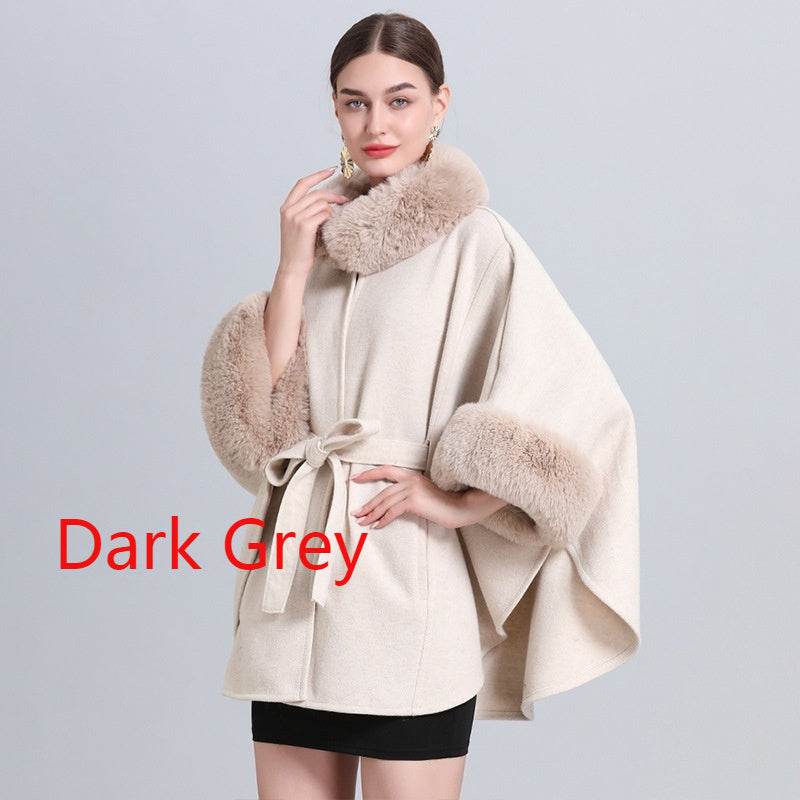 Buycenter Women's Rabbit Fur Collar Shawl Cape - Knitted Padded Jacket - Buy Center