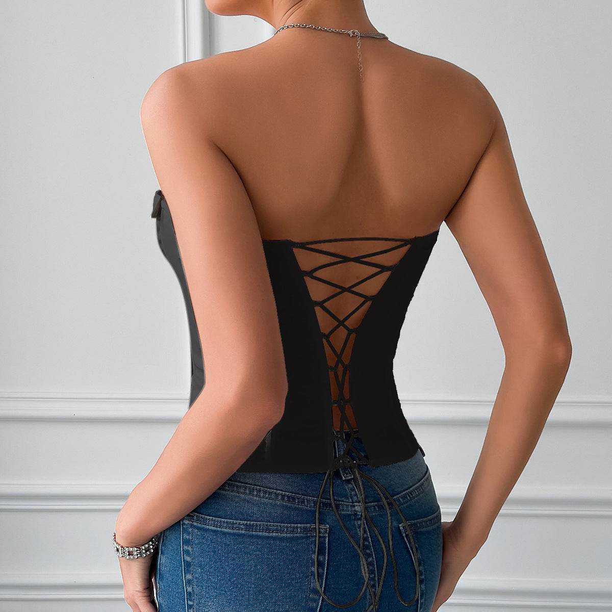 Women's Lace-up Satin Camisole - Trendy Solid Color Strapless Top - Buy Center