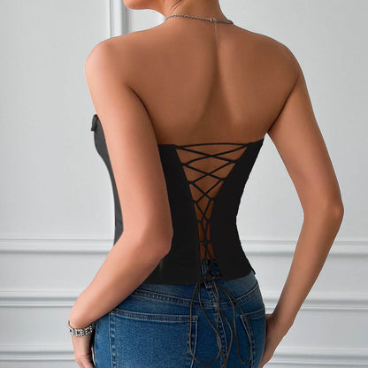 Women's Lace-up Satin Camisole - Trendy Solid Color Strapless Top - Buy Center