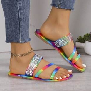 Buycenter Rhinestone Flat Slippers - Round Toe, Lightweight Casual Style - Buy Center