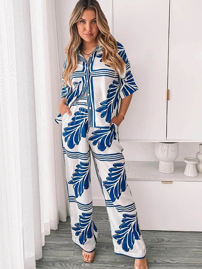 Women's Elegant Floral Print Two-Piece Set - Blue & White Summer Outfit - Buy Center