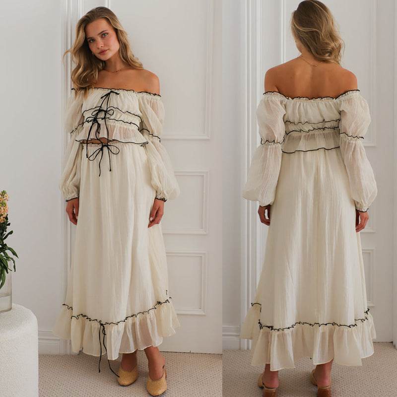 Off-neck Puff Sleeve Vacation Top Suit - Stylish Apricot Set for Women - Buy Center