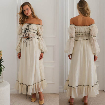 Off-neck Puff Sleeve Vacation Top Suit - Stylish Apricot Set for Women - Buy Center