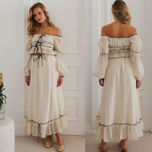 Off-neck Puff Sleeve Vacation Top Suit - Stylish Apricot Set for Women - Buy Center