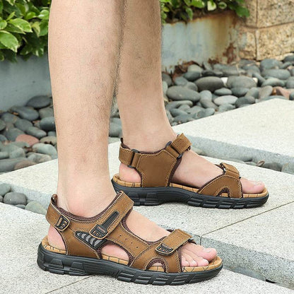Men's Cowhide Open Toe Sandals - Casual Beach Style with Velcro Straps - Buy Center