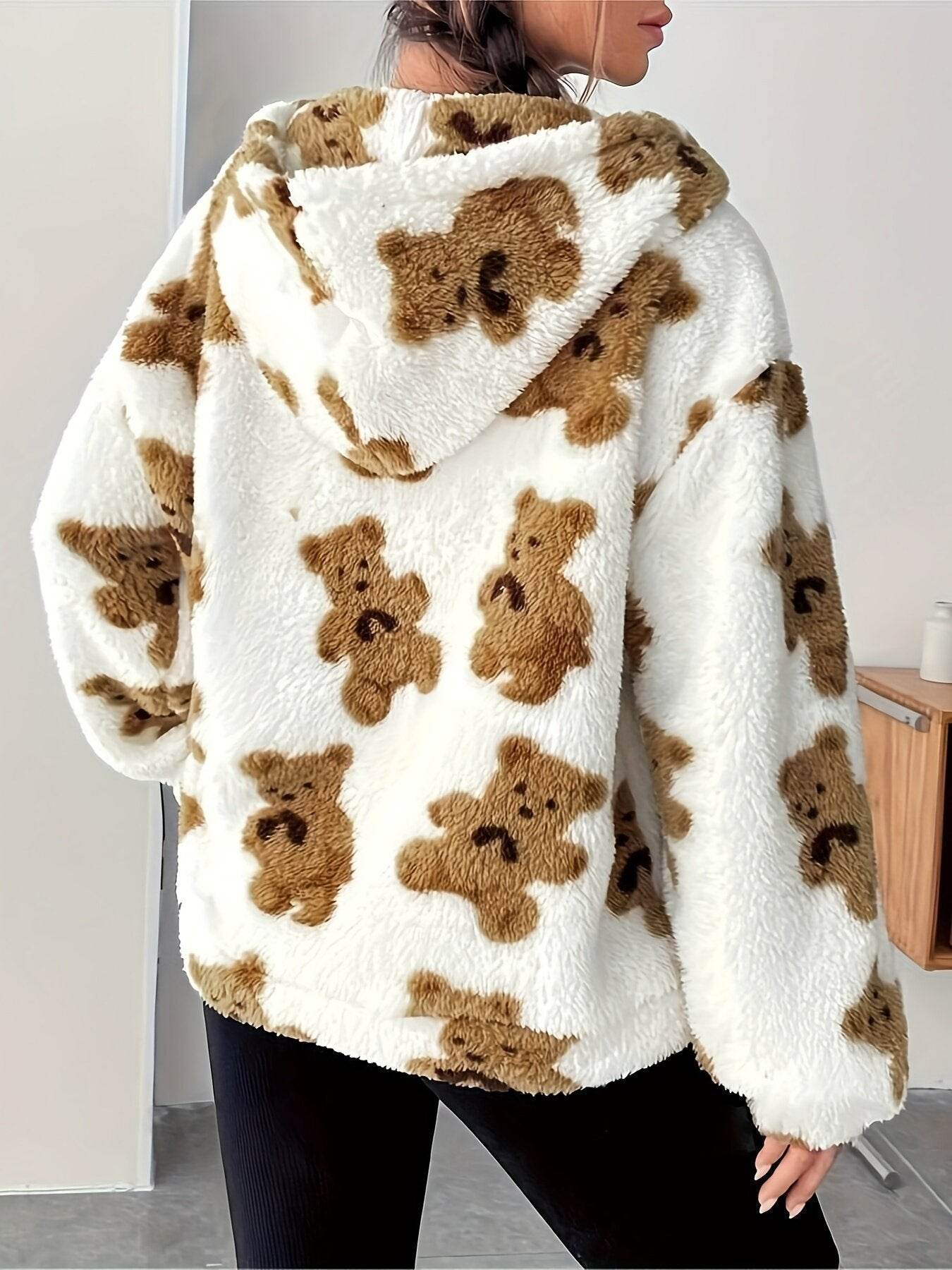 Buycenter Women's Casual Bear Printed Plush Hoodie - Loose Fit, White - Buy Center