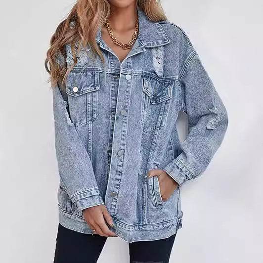 Boyfriend-Style Ripped Denim Jacket - Light Blue Casual Fashion 2025 - Buy Center