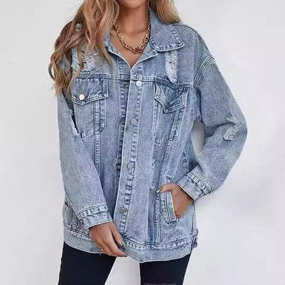 Boyfriend-Style Ripped Denim Jacket - Light Blue Casual Fashion 2025 - Buy Center