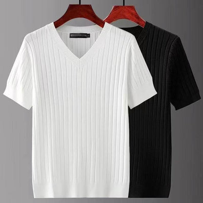 Korean Style Men's V-Neck T-Shirt - Trendy Striped Short Sleeve Design - Buy Center