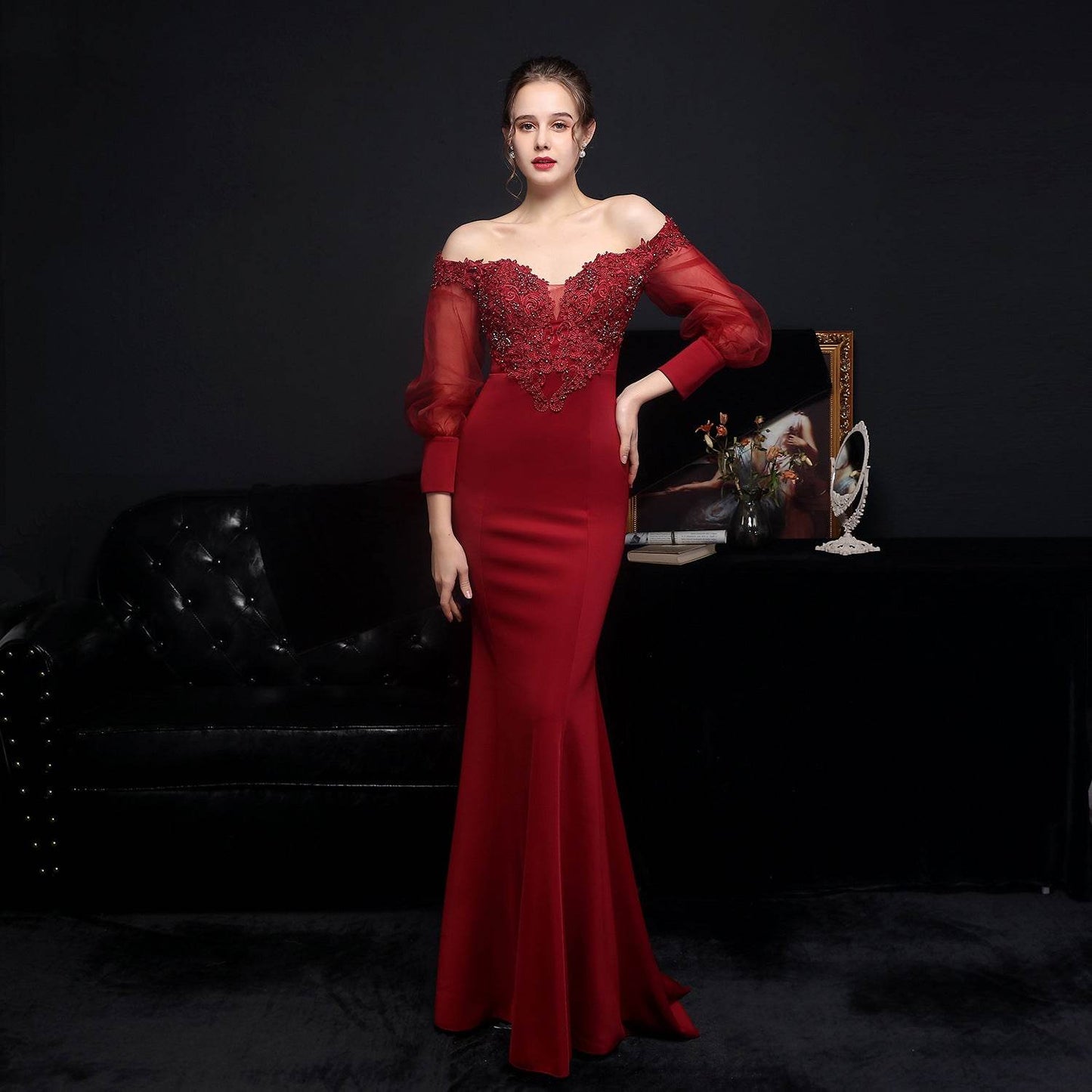 Buycenter Long-Sleeved Evening Dress - Full Craft Lace & Satin - Buy Center