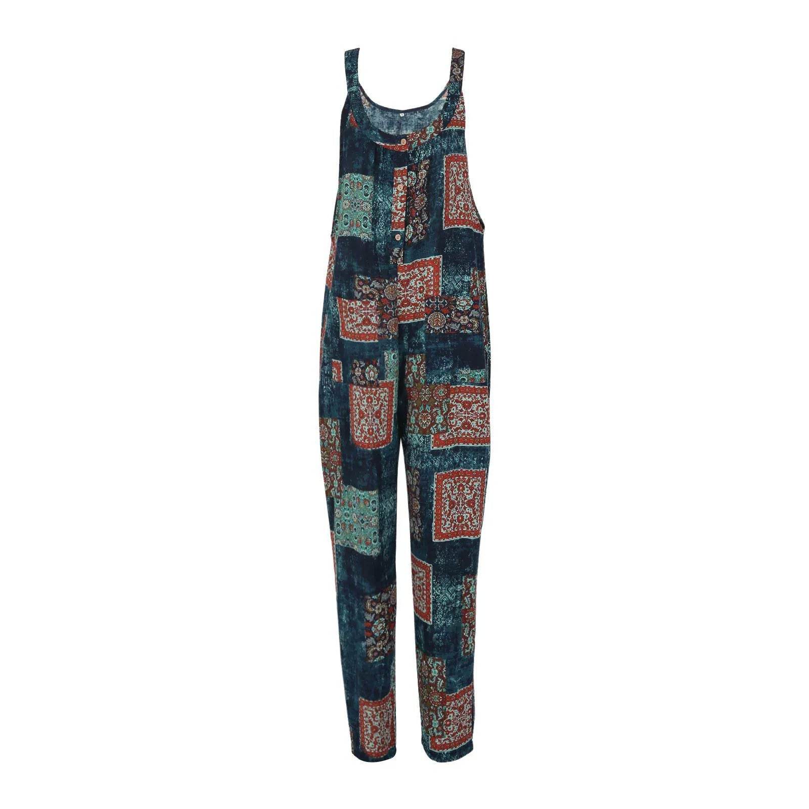 Buycenter Women's Vintage Print Jumpsuit - Loose Fit Straight-Leg Style - Buy Center