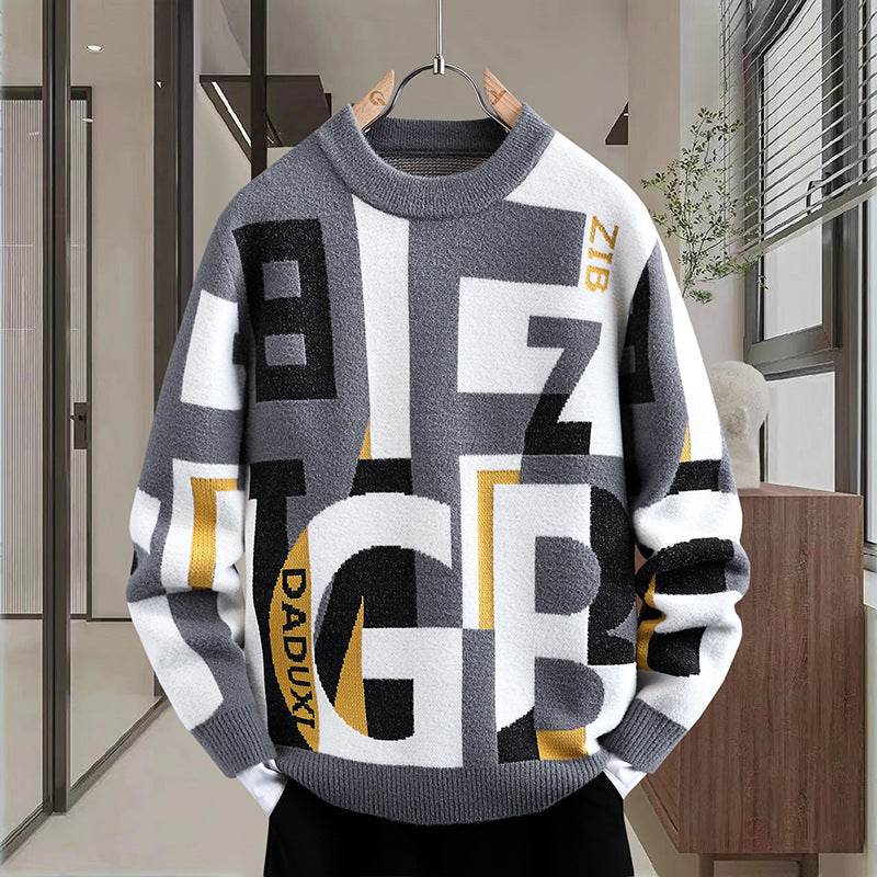 Men's Casual Loose Fit Sweater - Trendy Letter Jacquard Design - Buy Center