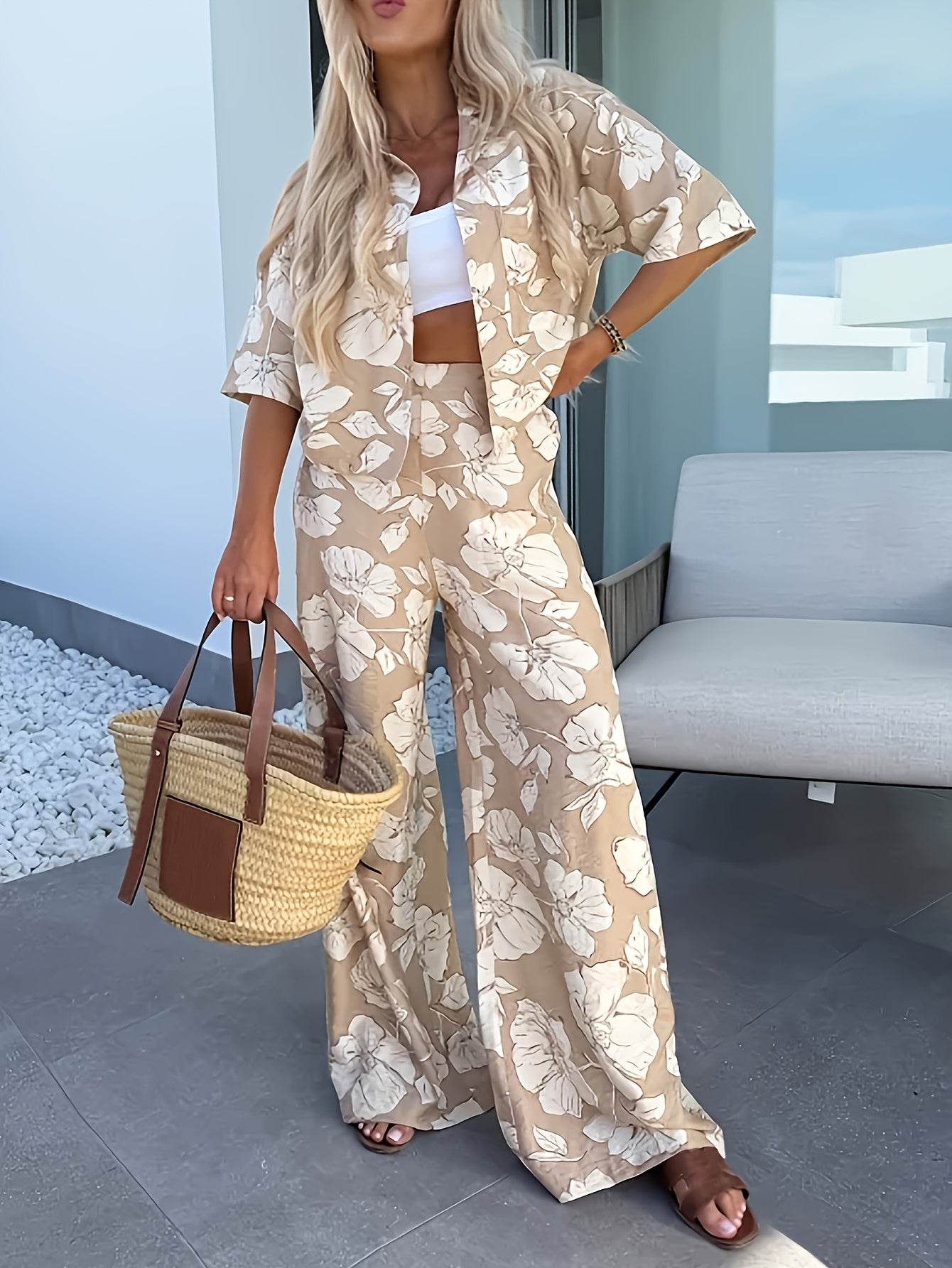 Elegant Women's Summer Floral Shirt & Pants Set - 2pcs - Buy Center