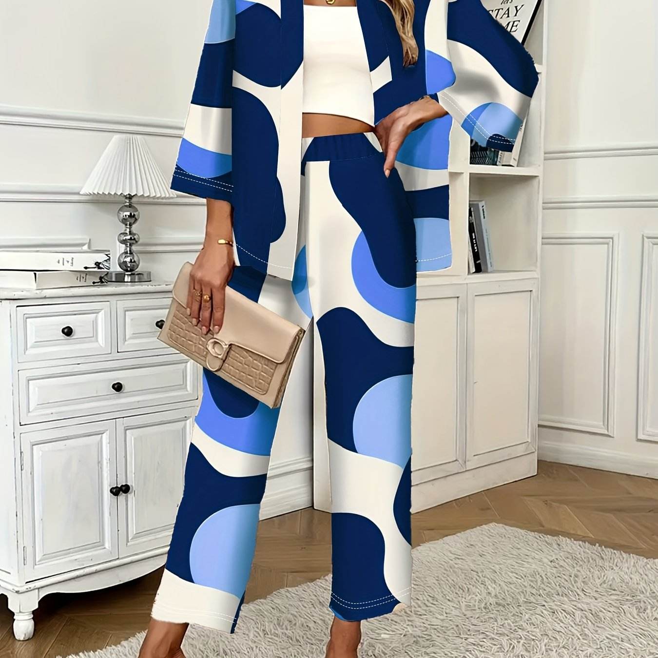 Stylish Casual Robe and Pocket Pants Set - Geometric Pattern, 100% Polyester - Buy Center