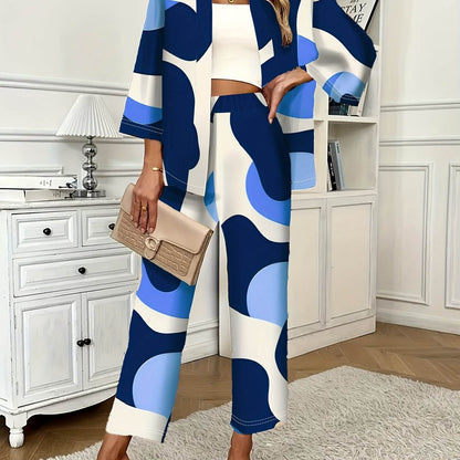 Stylish Casual Robe and Pocket Pants Set - Geometric Pattern, 100% Polyester - Buy Center