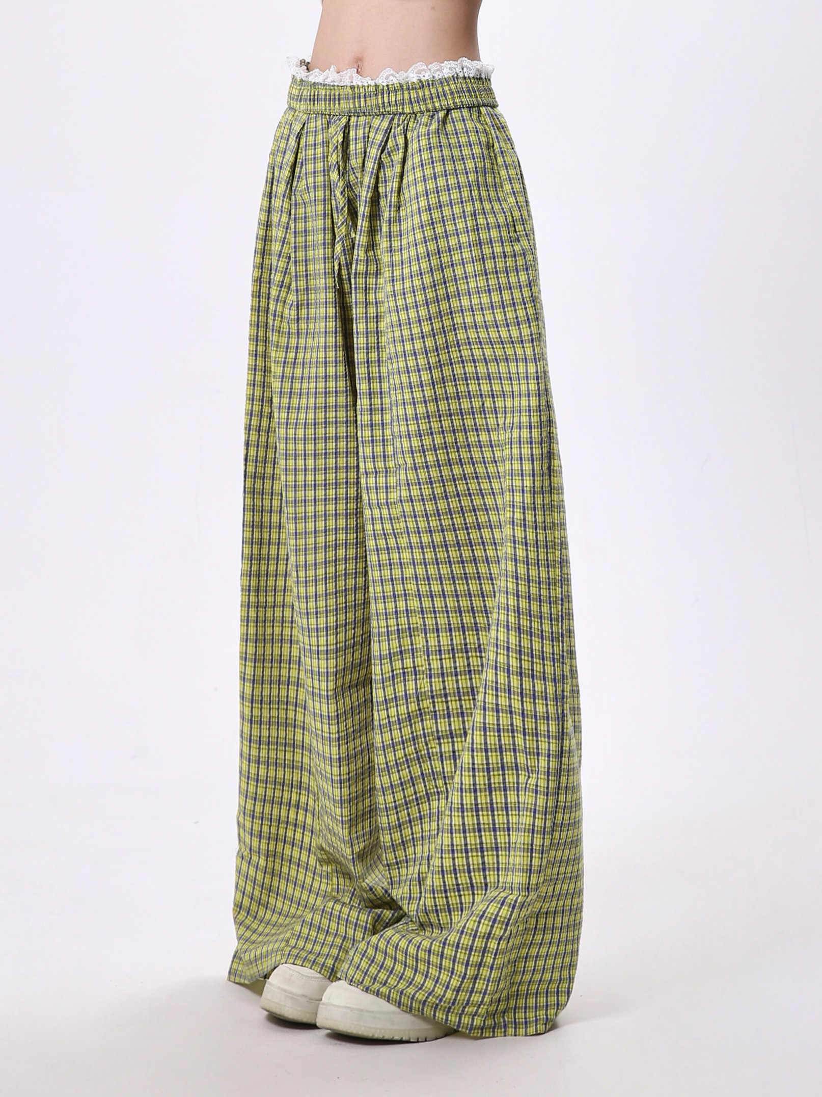 Women's Casual Wide Leg Pants - Lace Stitching Plaid Design in Blue & Yellow - Buy Center