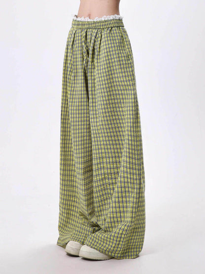 Women's Casual Wide Leg Pants - Lace Stitching Plaid Design in Blue & Yellow - Buy Center