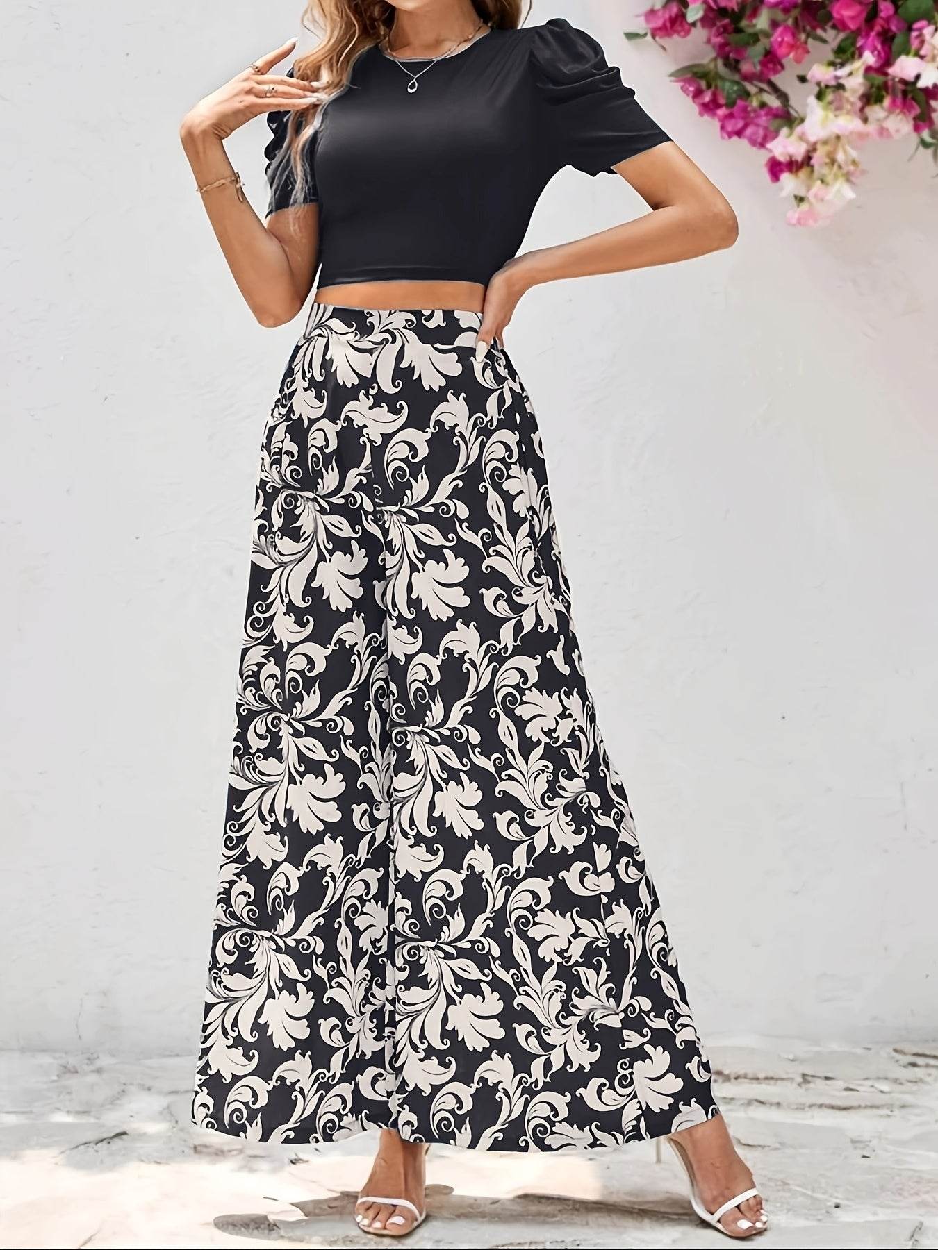 Women's Short Sleeve Top & Floral Pants Set - Elegant Spring Style - Buy Center
