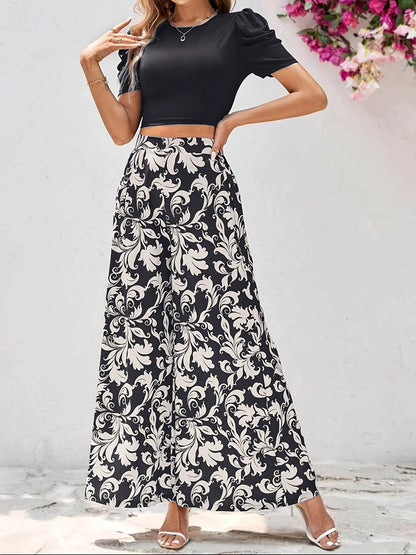 Women's Short Sleeve Top & Floral Pants Set - Elegant Spring Style - Buy Center